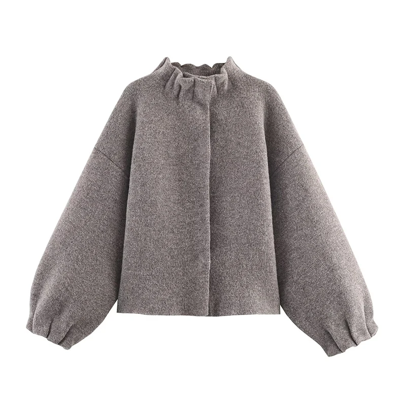 YENKYE Gray Knit Bomber Jacket For Women Lantern Sleeve Stand Collar Casual Autumn Winter Coat