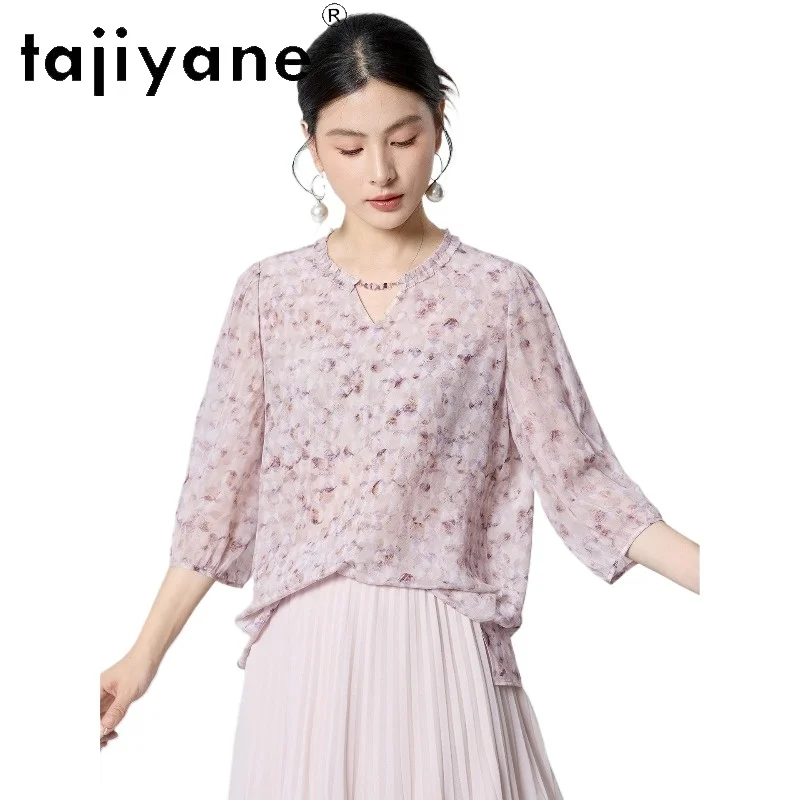 

TAJIYANE 100% Mulberry Silk Shirts Women Elegant Purple Print Summer Tops Lantern Sleeves Shirt Premium Woman Clothes 2026 블라우스