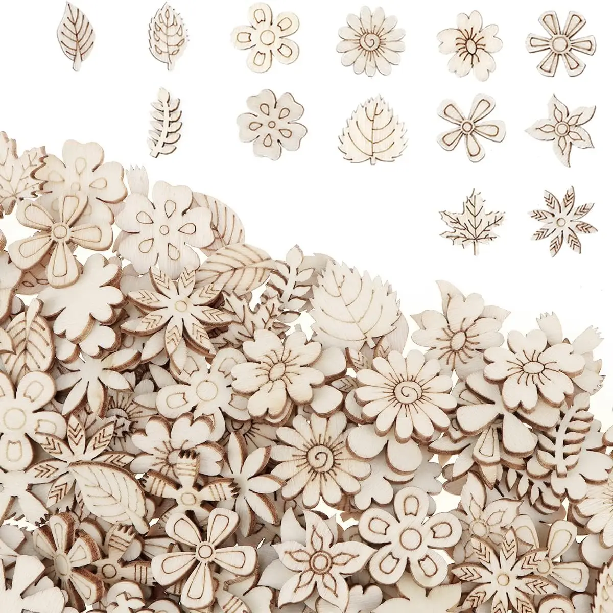 300pcs 14Types Wooden Embellishments Mixed Flower Leaf Pattern Scrapbooking Handmade Crafts Children DIY Graffiti Home Decor