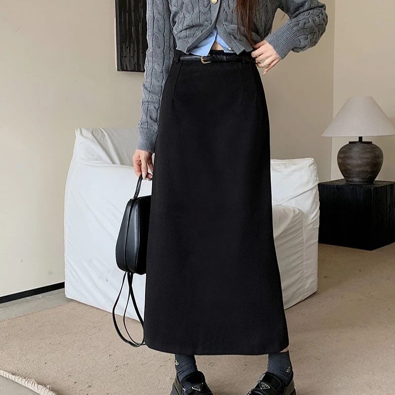 التنانير الصوفية عالية الجودة مع حزام المرأة الكورية موضة الظهر انسكبت ميدي تنورة مكتب السيدات شيك الأسود أبلى Faldas 2025 #4