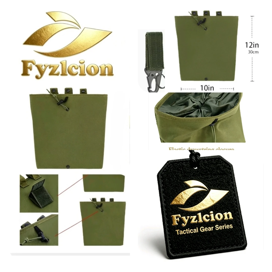 Fyzlcion MOLLE Dump Pouch Hunting Mag Recovery Bag Drawstring Magazine Recycling Storage Pack Gear Holder + Hook Keychain Strap
