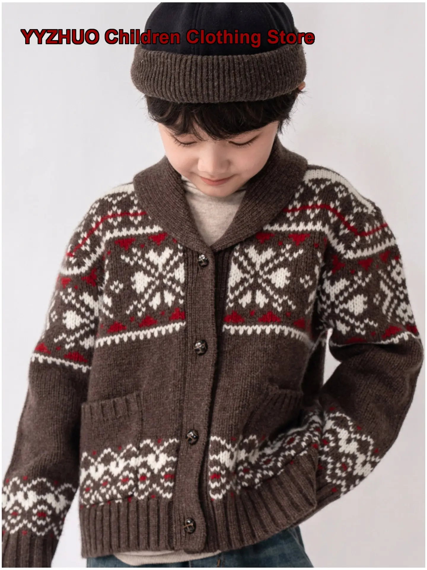 Boys Cardigan Kids Autumn Winter Fair Isle Pattern Button Front Jacket Solid Color