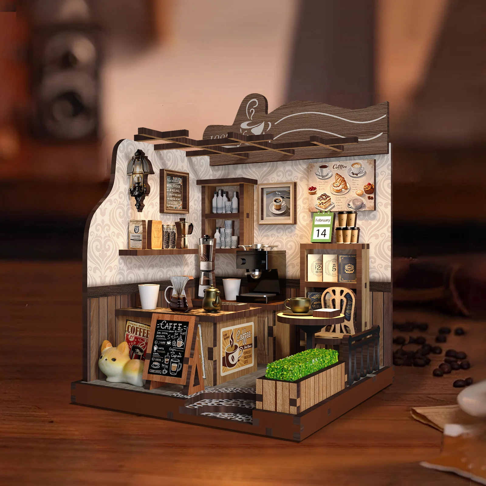 

Coffee house mini doll house set DIY handmade toys 3D puzzle assembly model, room bedroom decoration wooden crafts birthday gift