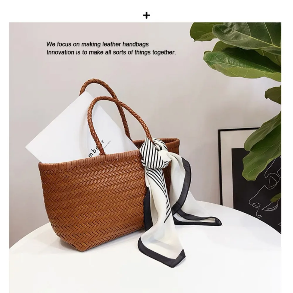 French Vegetable Basket Bag Cowhide Handwoven Bag Women's Niche Large-capacity Leather Seaside Vacation Handbag Casual Versatile