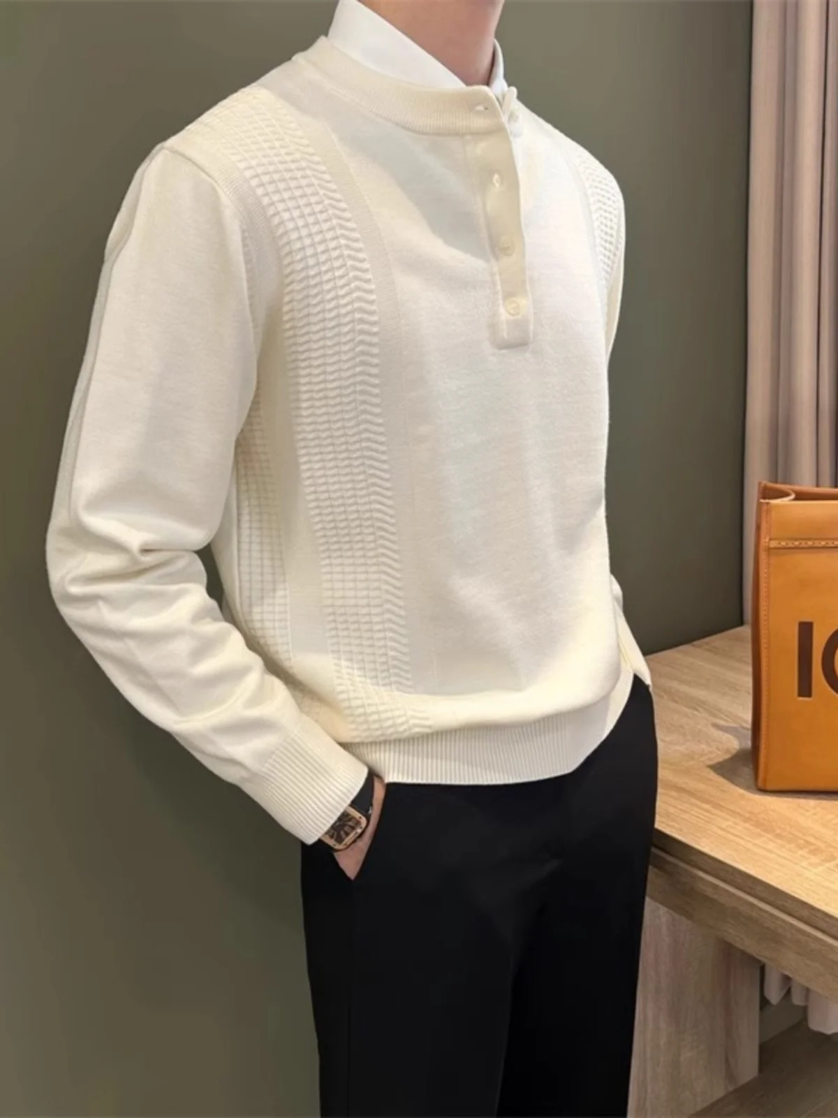 

Винтажный однотонный вязаный свитер с длинным рукавом и круглым вырезом для мужчин, повседневный модный городской стиль, осенняя одежда