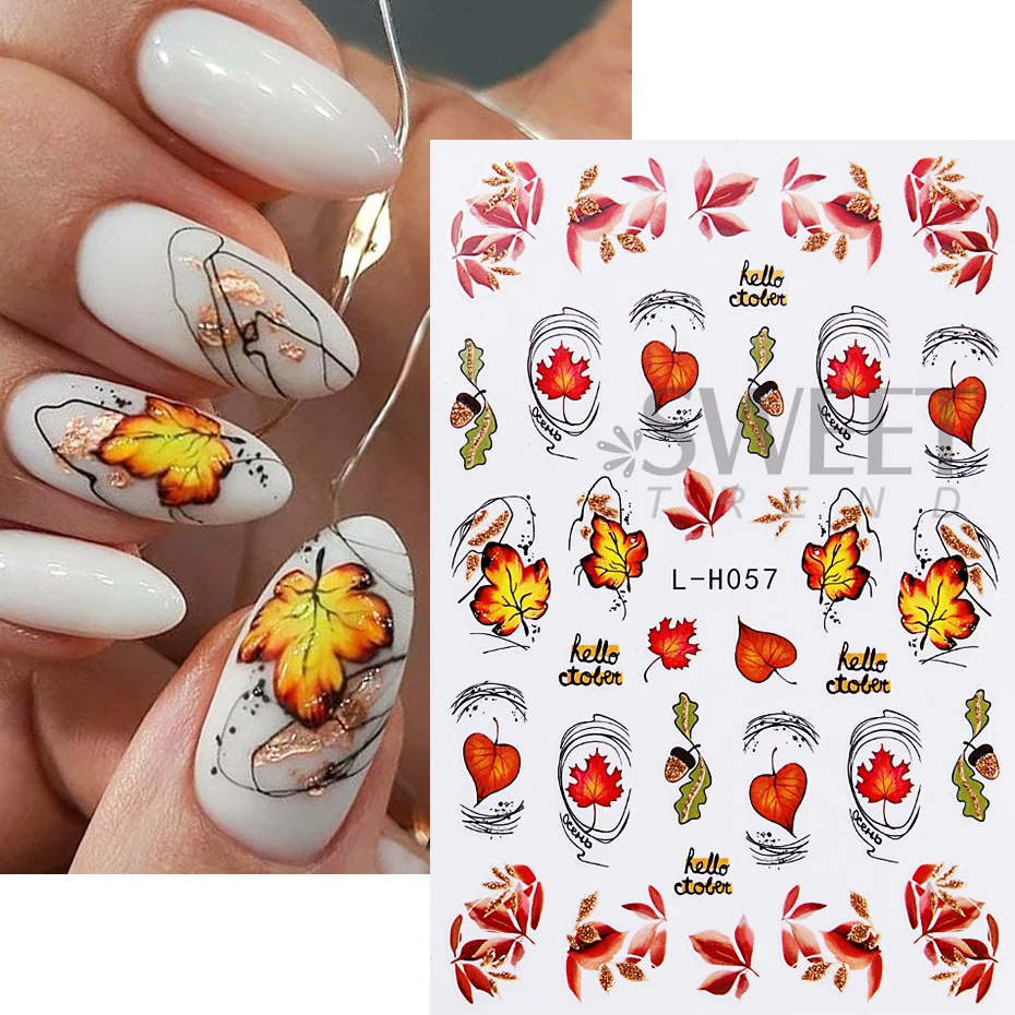 3D Cartoon Fall Nail Art Stickers Golden Pumpkin Maple Leaf Tree Leaves Self Adhesive Decals Autumn Winter Manicure Decorations