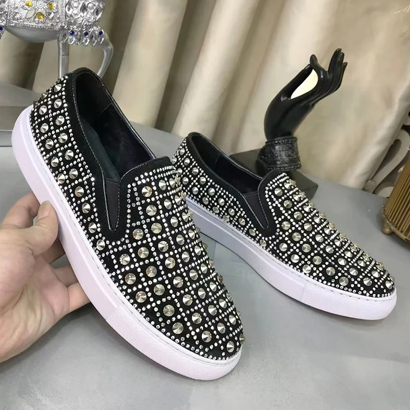 

italian brand designer rivets shoes for men fashion stage nightclub slip-on spikes shoe breathable studded loafers mans footwear