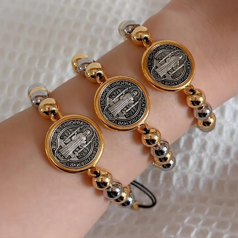 세인트 베네딕트 땋은 묵주 팔찌 핸드 쥬얼리 조절 가능한 페르시 팔찌 매력 민족 스타일 팔찌 기도 구슬 선물