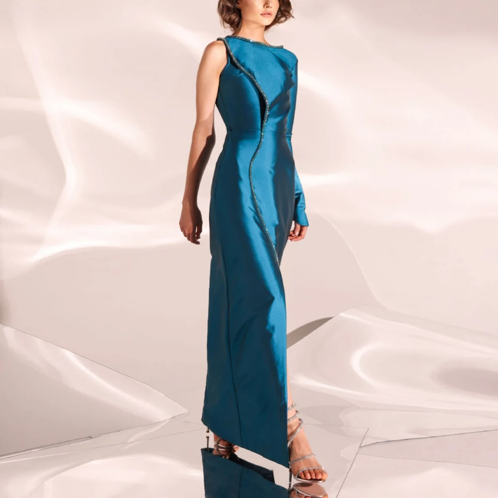 Muloong Peacock Blue One Shoulder Evening Dresses Straight Ankle Length Prom Gown Bead High Split 2023 Luxury Woman Party Dress