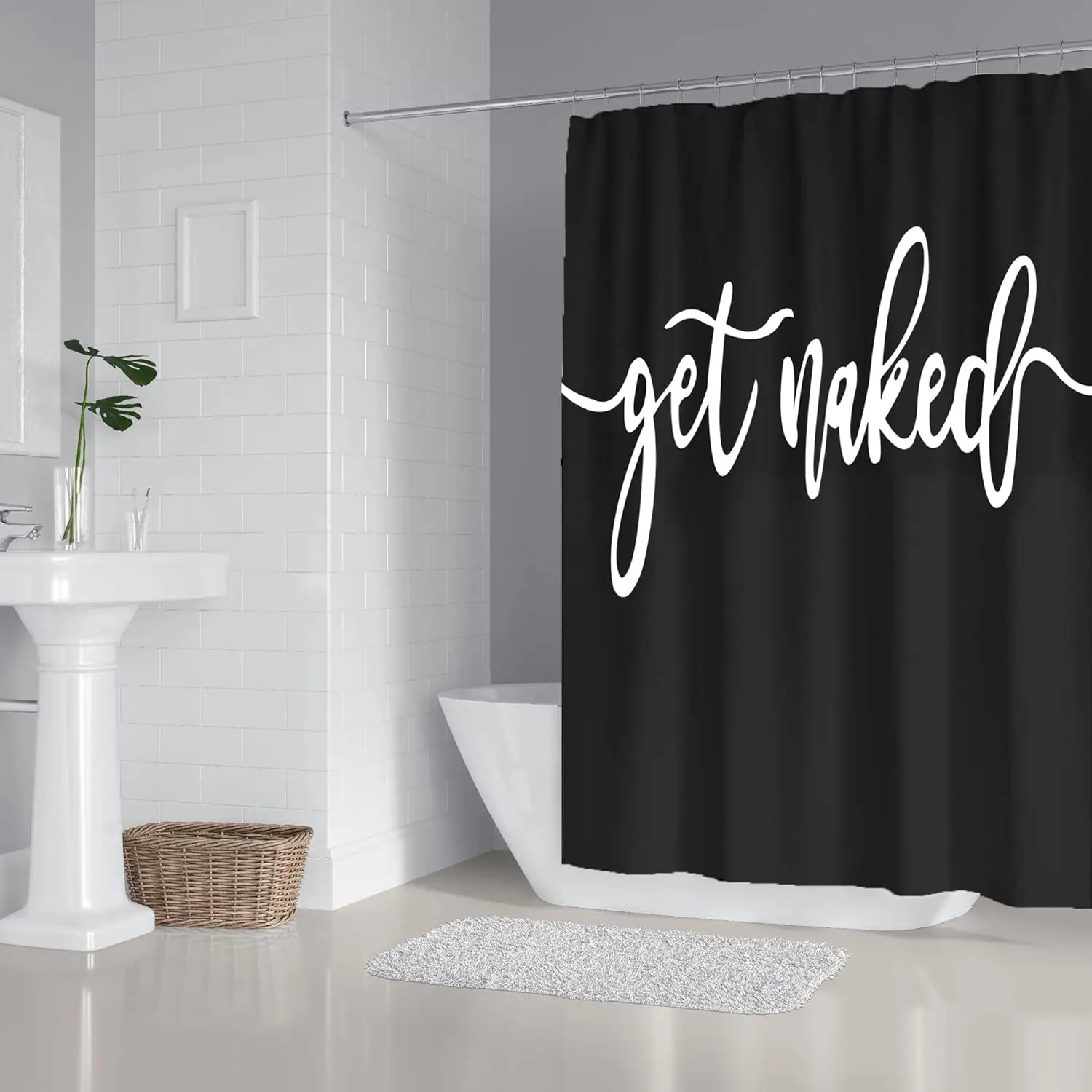 

Black 'Get Naked' Shower Curtain, Minimalist Design, Waterproof Fabric, Unique Bathroom Decor for Modern Homes, 72x72 Inches