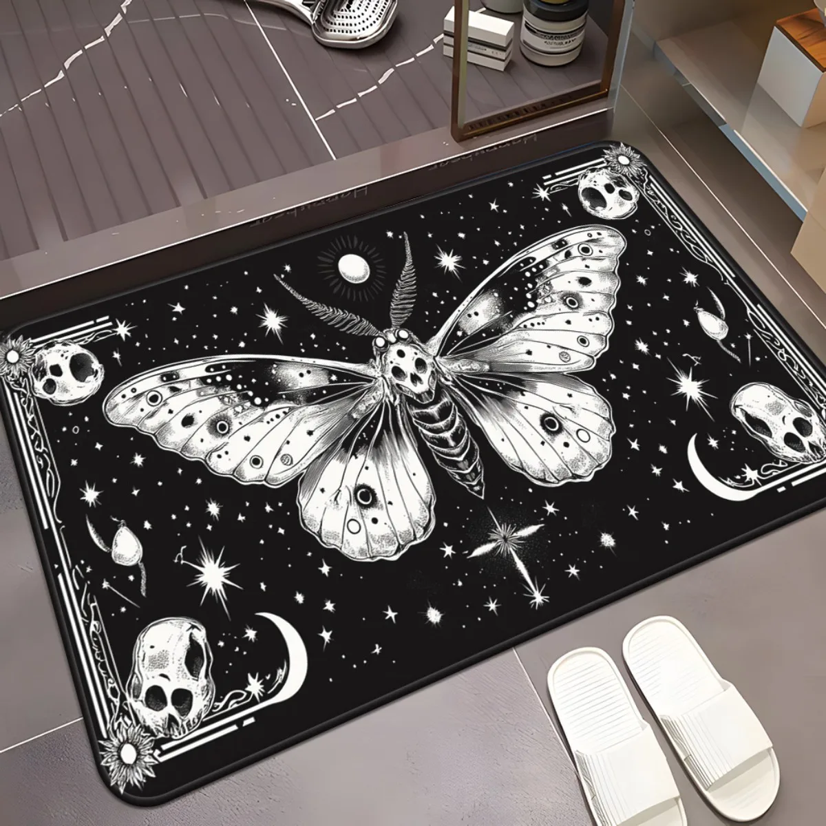 gothic moth skull moon stars black white doormat mysterious cosmic art horror themed entrance mat unique decorative floor rug