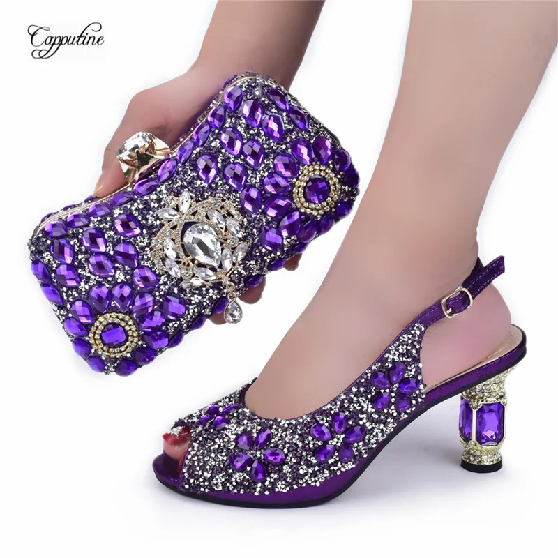 

Purple Women Stones Shoes and Bag Set To Match African Ladies Summer Sandals With Purse Handbag Pumps Femmes Sandales 628-7