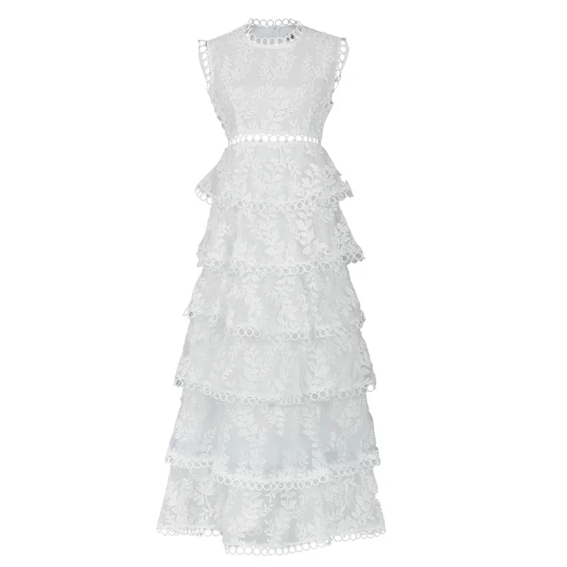 Women's Long Dress Lace Embroidery Cutout White Party Dress Long Cake Dress White Princess Birthday Party Holiday JJ620