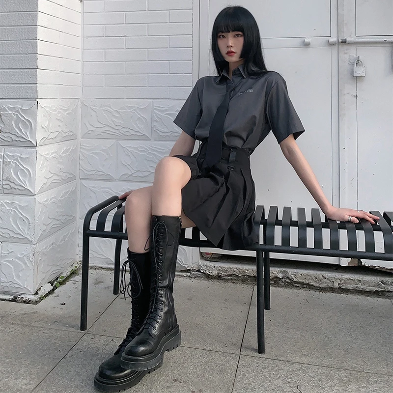 Punk Girl Gray Tie Jk Short-sleeved Loose Japanese Shirt 2025 Summer New Sweet Cool College Style Age-reducing Versatile Top