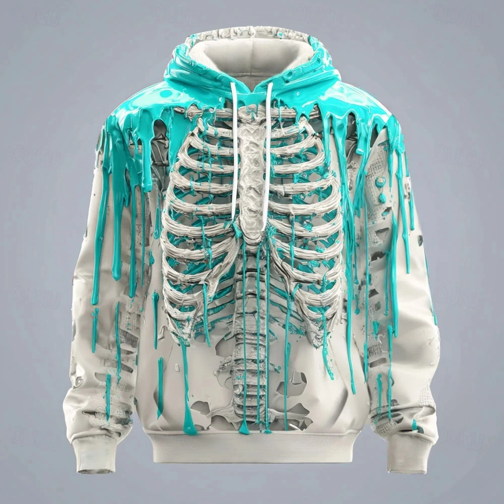 Men's Human Skeleton Blood Graphic Hoodies Fashion 3D Skull Print Street Horror Hoodie Exaggerated Punk Gothic Style Sweatshirts