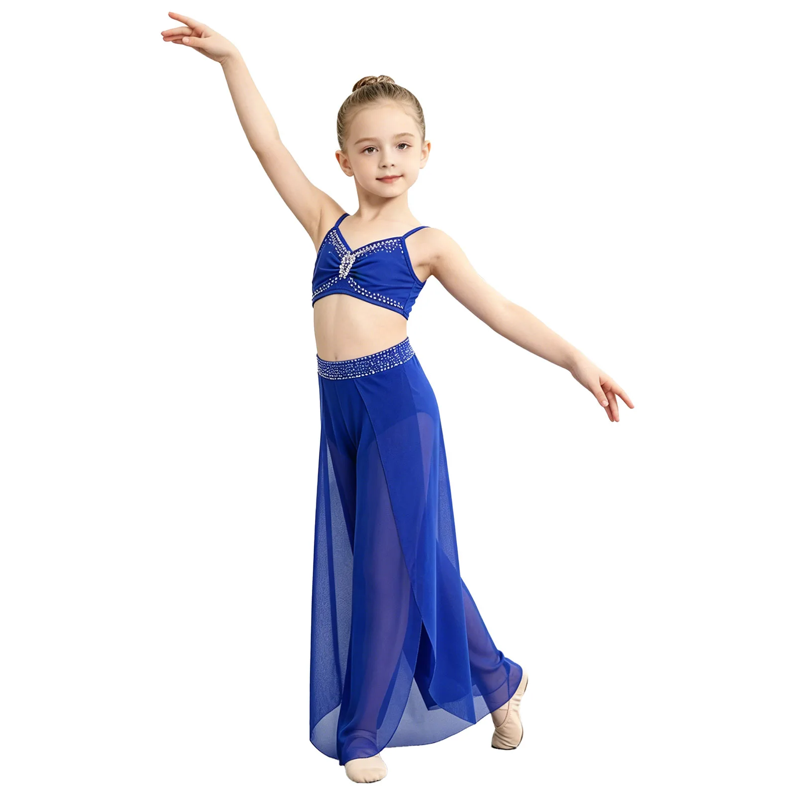 Kids Girls Lyrical Contemporary Dance Pants Shiny Rhinestone Waistband Split Mesh Leotard Ballet Skating Gymnastics Dancewear