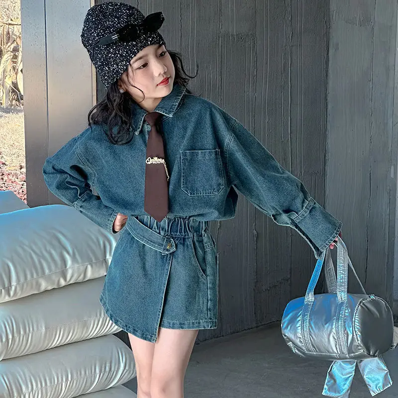 

Girls Suits Spring and Autumn 2024 New Denim Shirt Design Sense Small Long-sleeved Blouse Short Skirt Two-piece Set Clothes