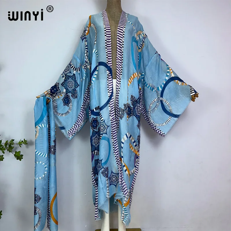 WINYI Kimono Bohemian bronzing print Bikini Cover-ups Elegant Self Belted Dress Women Summer Dress beach outfits for women robe