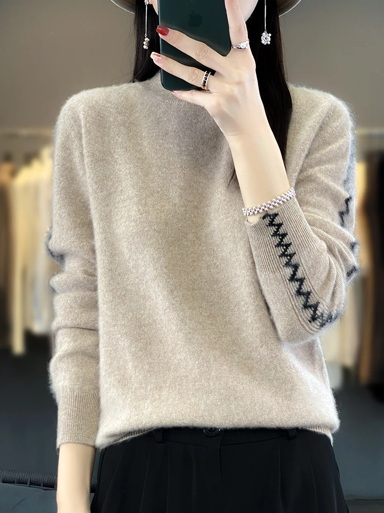 

Quality Long Sleeve Mock-Neck Pullovers 100% Merino Wool Women Sweater Autumn Winter Warm Fashion Female Clothing Tops