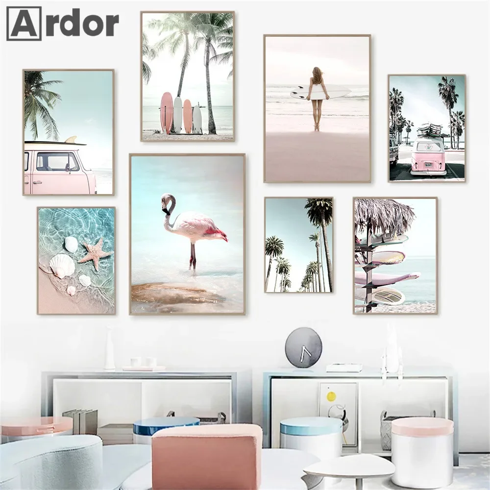 Starfish Shell Surf Girl Painting Beach Palm Tree Surfboard Canvas Print Pink Car Flamingo Wall Art Poster Pictures Home Deco