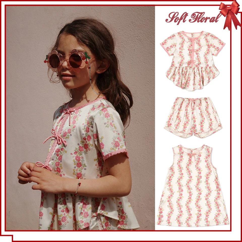 Girls Silky Smooth Short Sleeve Shirt Shorts KS 2025 Summer Girls Pastorale Pretty Dress Baby Kids Cute Floral Tops Clothes Set