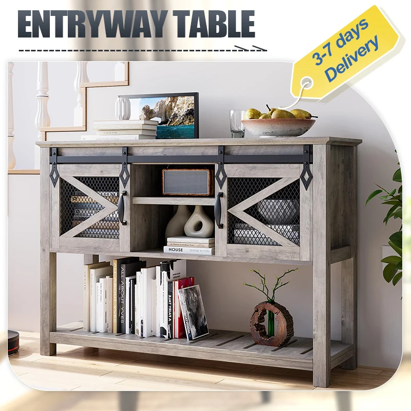 Farmhouse Entryway Table with Sliding Barn Doors, Sofa Table with Storage and Open Shelf, Console Tables for Entryway, Hallway