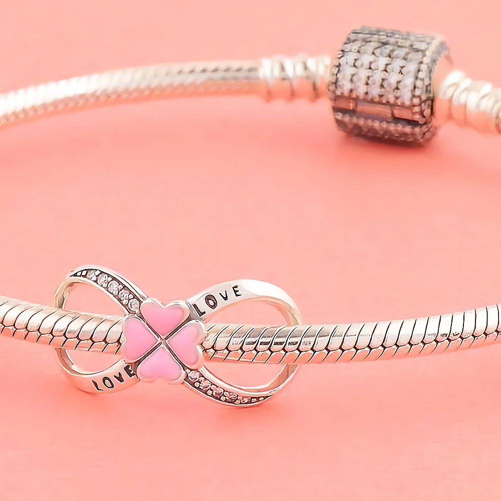 925 Sterling Silver Infinity Love Charm Pink Enamel Heart CZ Bead Fit Original European Bracelet For Women DIY Fine Jewelry Gift