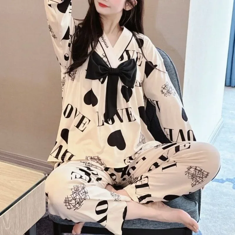 Spring Autumn Sweet Pajamas Loose V-neck Bow Korean Style Long Sleeve Women\'s Sleepwear Set Female Large Size 6xl Homewear Suit