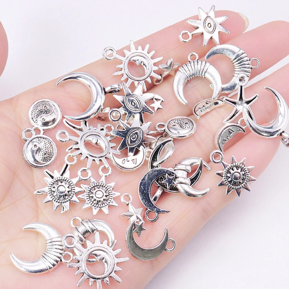 30/pcs Vintage Mixed Metal Sun Moon Star Charms Beads Handmade DIY Bracelet Pendant Necklace Clips Jewelry Making Findings