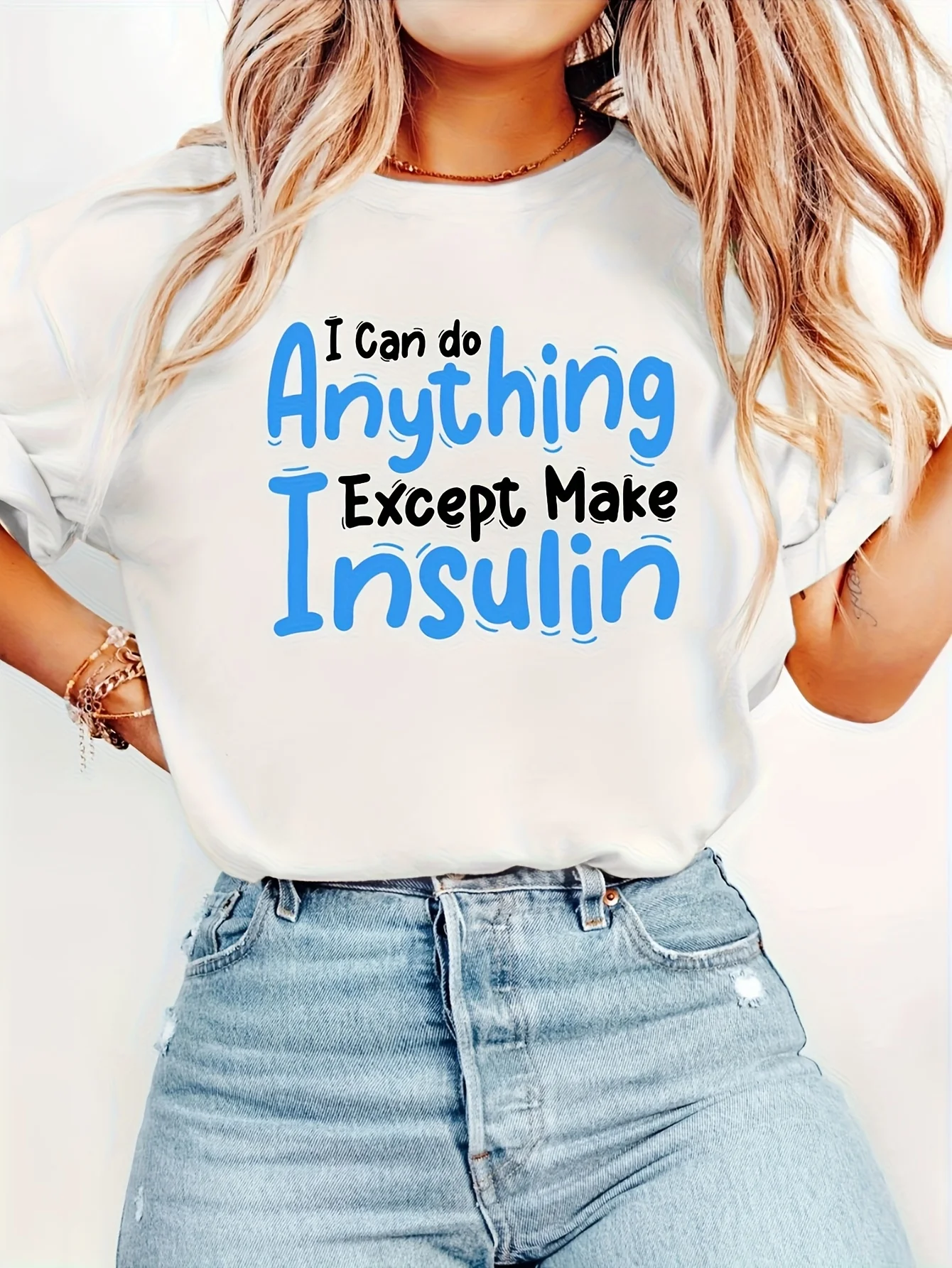 Женская футболка с диабетическим юмором, 1 шт., повседневная футболка с круглым вырезом и коротким рукавом с буквенным принтом «I Can Do Anything»