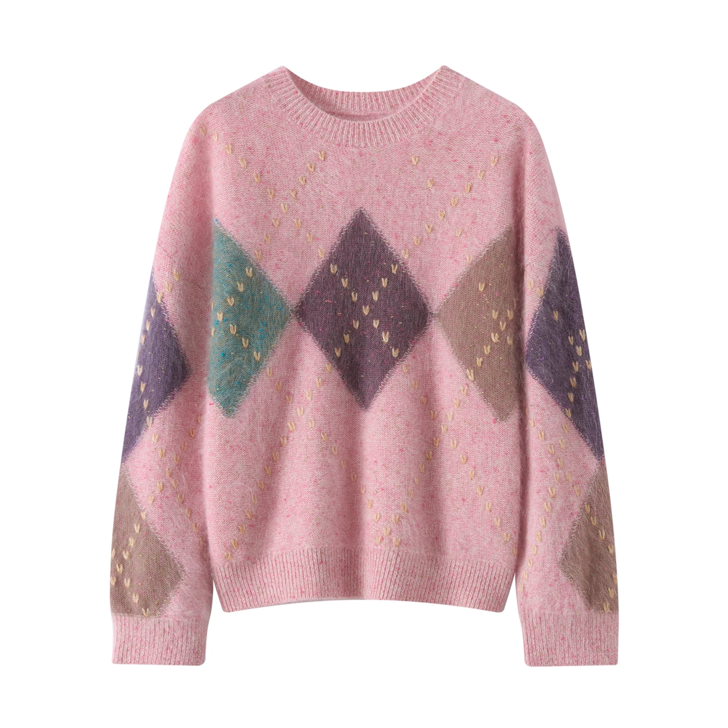 

Свитер из 100% чистого кашемира с плюшевой ромбовидной клеткой, свободный и плотный, высококачественный вязаный свитер с начесом и ручной вышивкой.