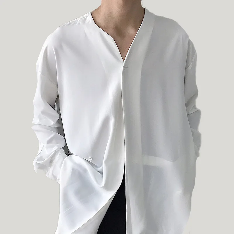 Spring And Autumn Men's Irregular Solid Color Long Sleeve Shirt Stand Neck Shirt Breathable And Comfortable