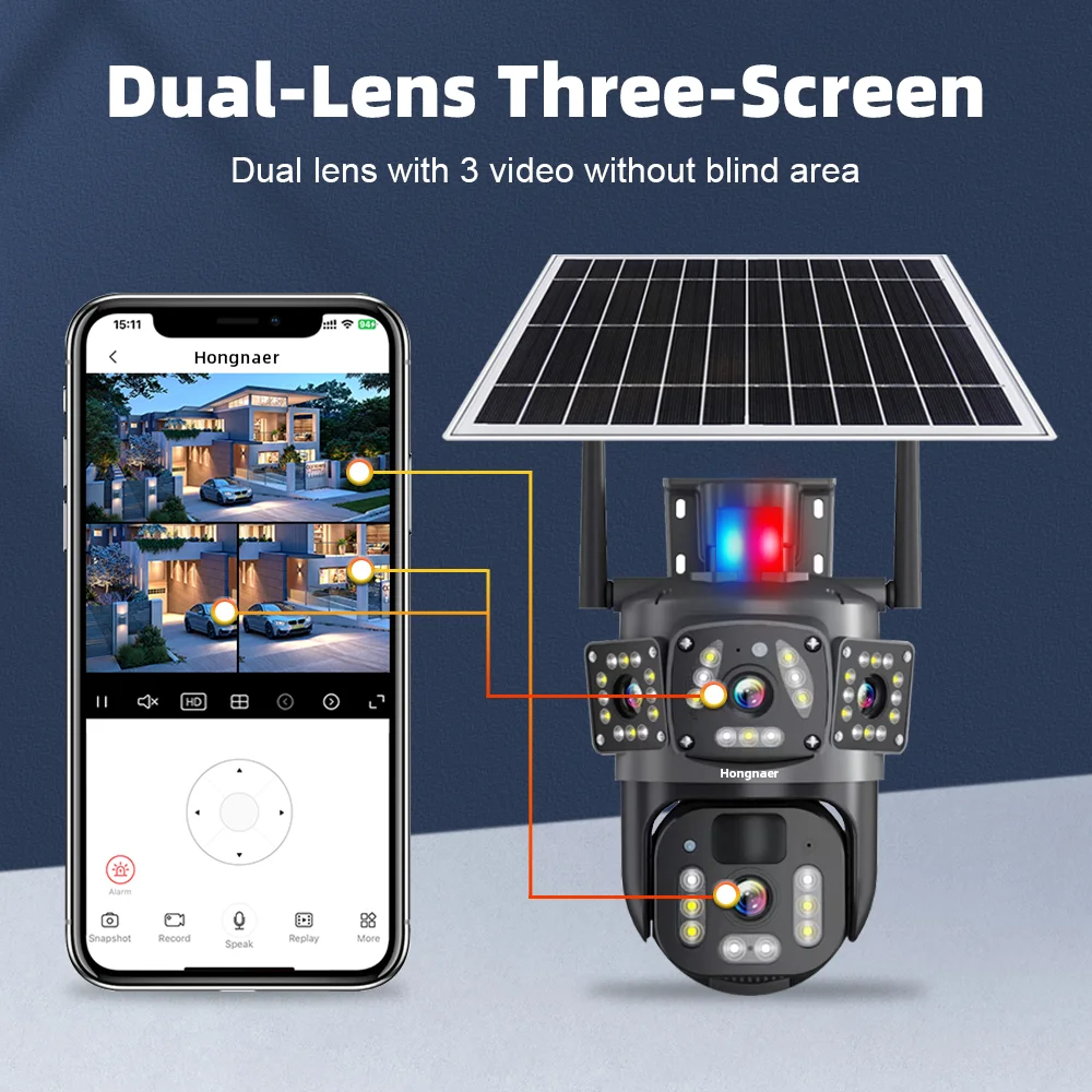 Hongnaer 8MP 4K V380 Pro 2 Lens Wireless Solar Panel Powered IP PTZ Home Outdoor Security WiFi CCTV Solar Camera