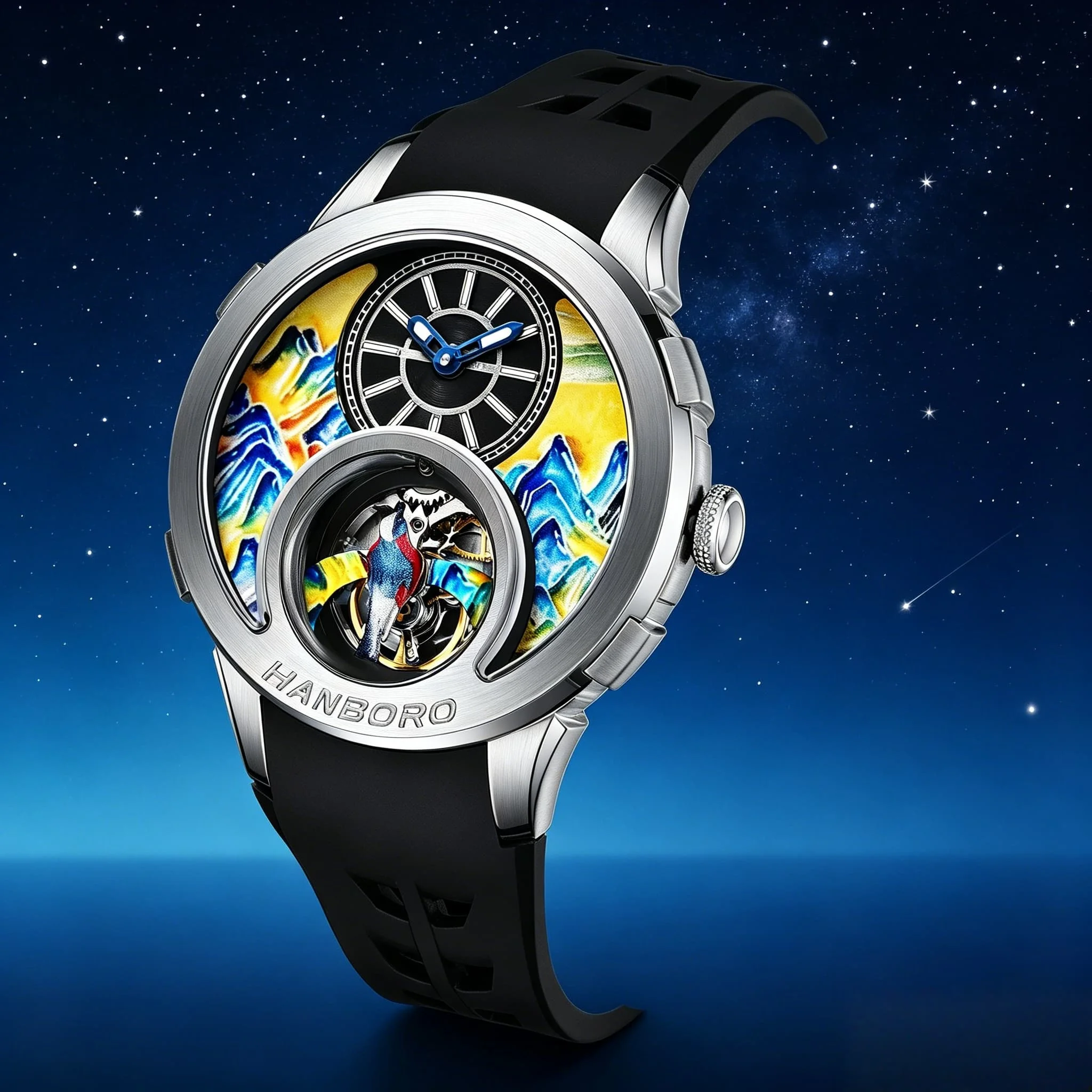 HANBOROThousand Miles Serie Ölgemälde, personalisiertes Zifferblatt, Elster, Skelett, Unruh, Design, automatische mechanische Herrenuhr