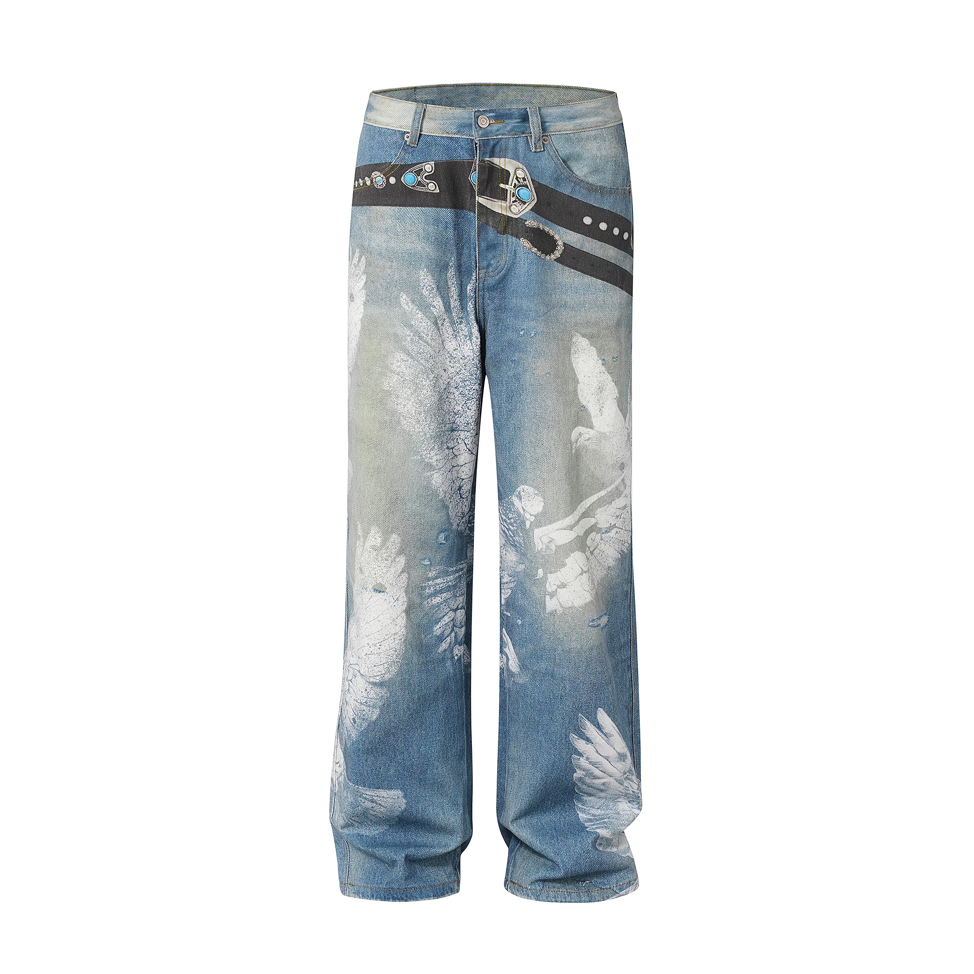 Dove of Peace Spray Painting Graffiti Jeans Y2k American Vintage Streetwear Straight Pants Jeans Loose Casual Men Denim Trousers