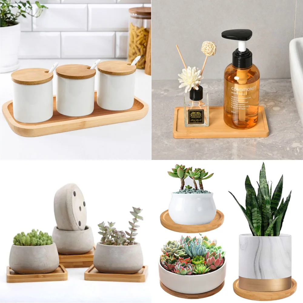 Tray Bamboo Wood Flower Pots Anti-Fade Round Square Creative Planters Holder Home Decor Mini Stand Favor Succulent Garden Supply