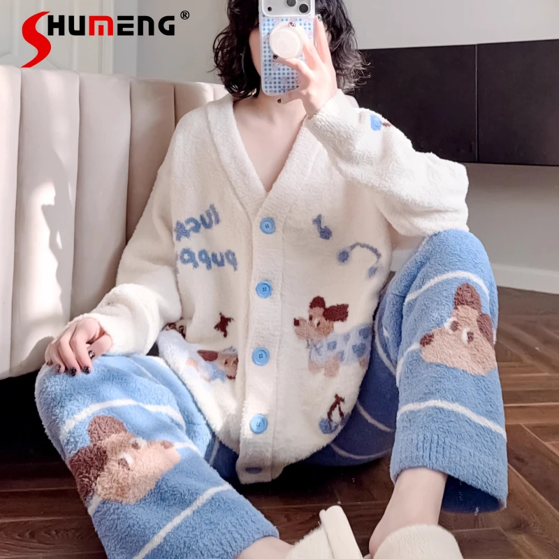 

Japanese Style Velvet Pajamas Autumn Winter Women Thickened Velvet Sweet Loungewear Girls Wearable Lolita Homewear Set
