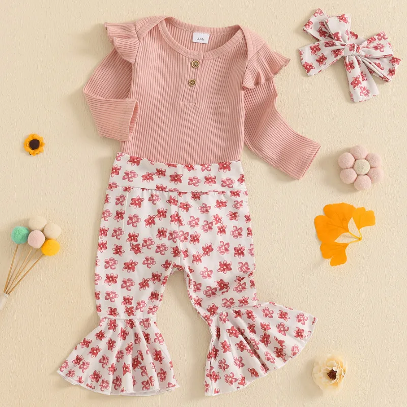 

RUEWEY 0 to 18 Months Baby Girls Pants Sets Spring Autumn Clothes Long Sleeve Bodysuit with Floral Flare Pants and Headband