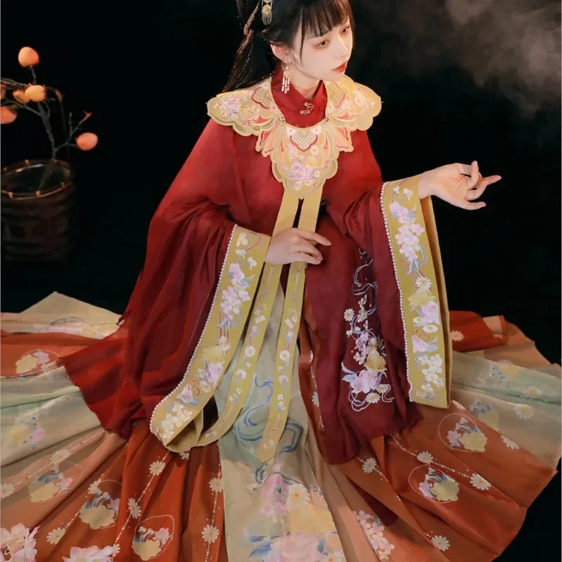 Original Ming Dynasty Hanfu Dress Women Cloud Shoulder Horse Face Skirt Fairy Chinese Style Stand-up Collar Robe Ancient Costume