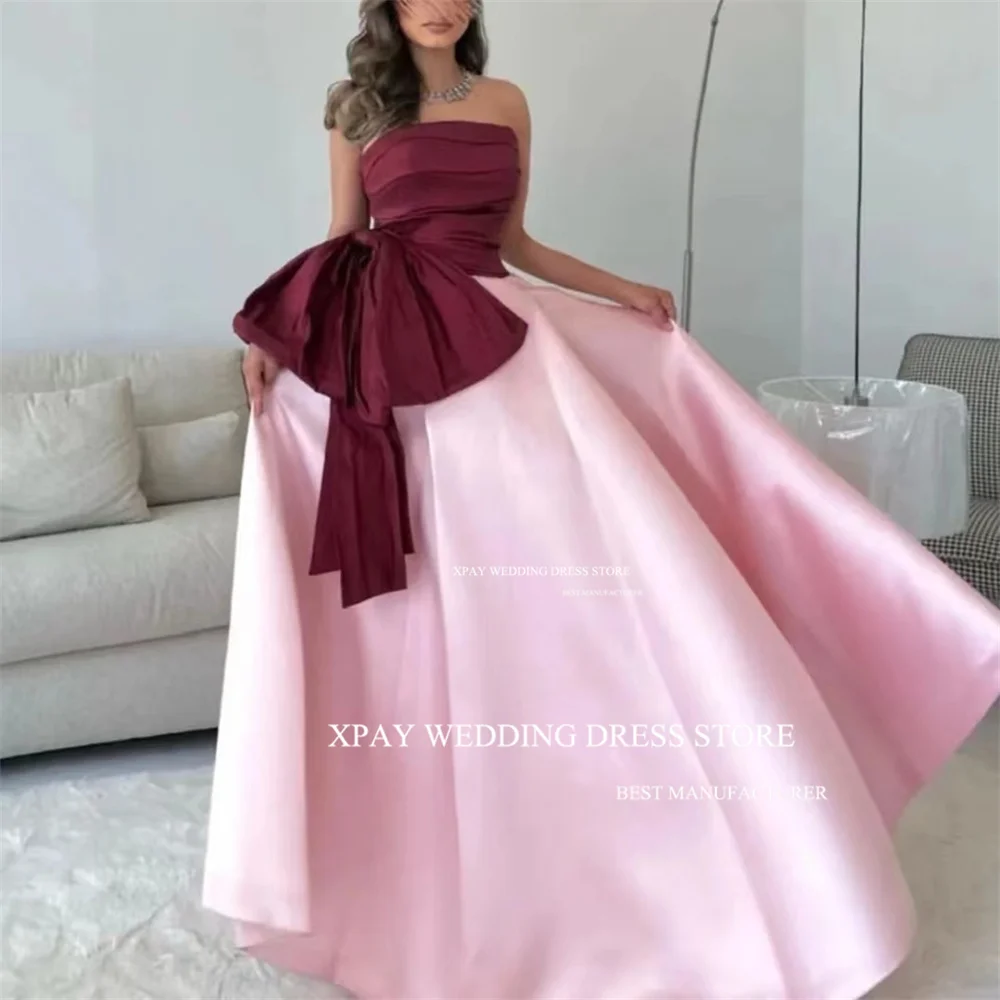 XPAY Elegant Contrast Color Evening Dresses Shiny Satin Strapless Pleats Red Pink Prom Gowns Long Floor Length Party Dress