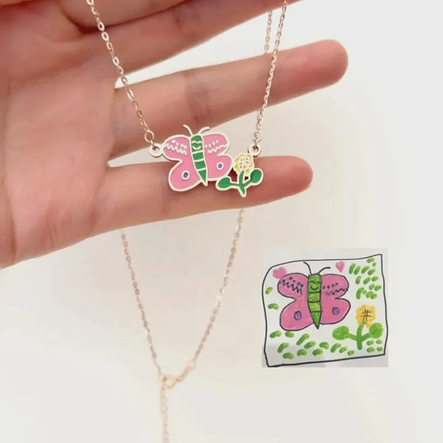365 New Arrival Custom Children's Drawing Necklace Stainless Steel Kid Art Personalized Colorful Pendant Jewelry Birthday Gifts