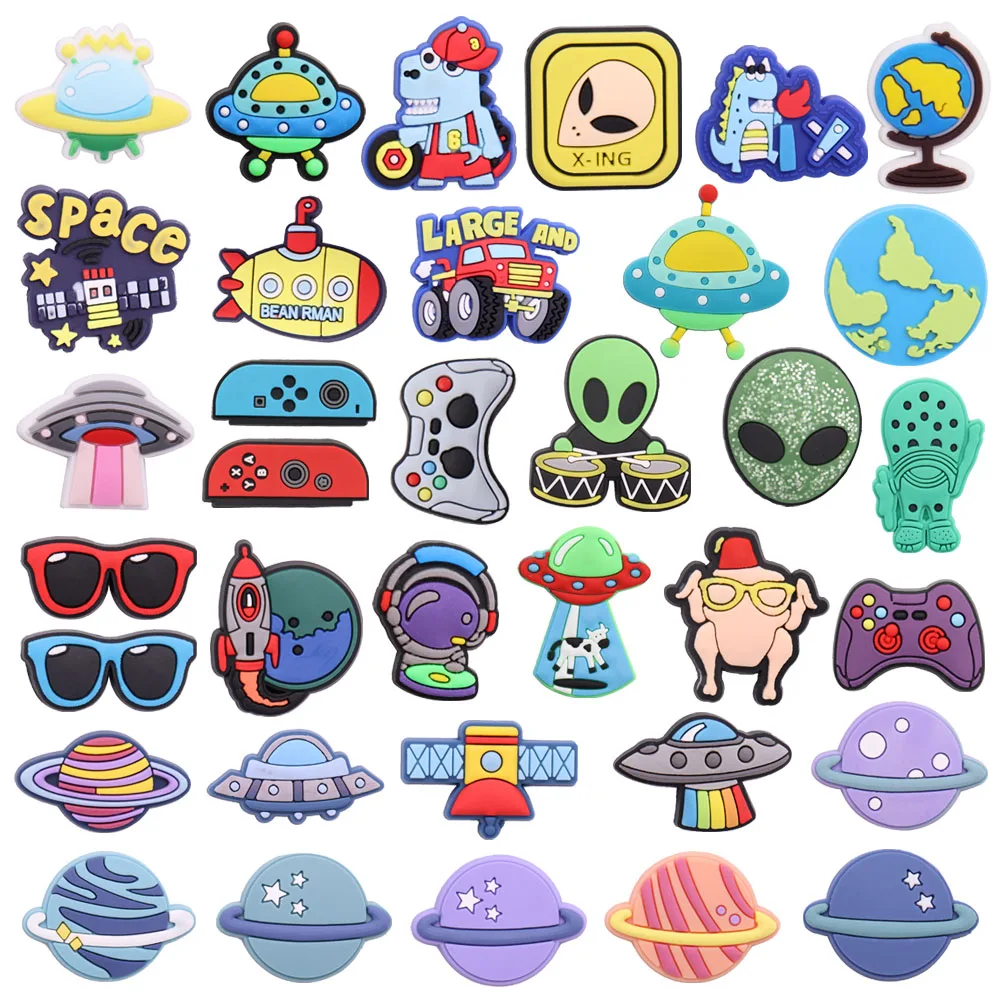 1-35PCS PVC Shoe Charms Planet Spaceship Aliens Dinosaur Car Buckle Clog Garden Shoes Button Decoration Slipper Accessories Gift