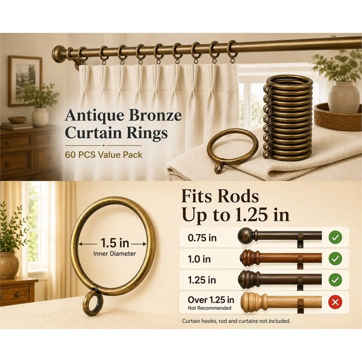 60 Pack Bronze Curtain Rings with Eyelets, 1.5 Inch Inner Diameter Metal Drapery Rings for Pleat Curtains,Drape Ring