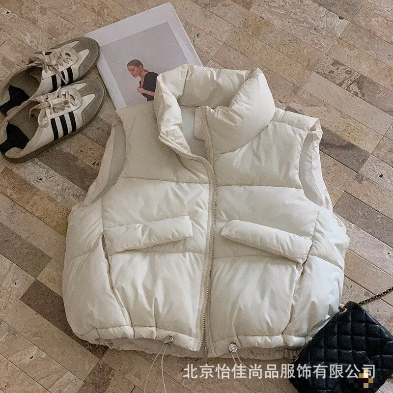 Short Parkas Vest Coat Women Solid Jacket Drawstring Zipper Pocket Stand Collar Slim Fit Casual Office Lady 2025 Autumn Winter