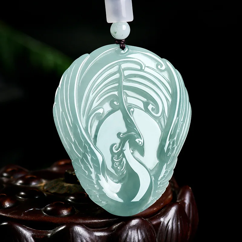 

Natural Real Emerald Blue Water Phoenix Ice Seed Pendant Myanmar Jadeite Necklace Jewelry Charm Designer Luxury Vintage Women