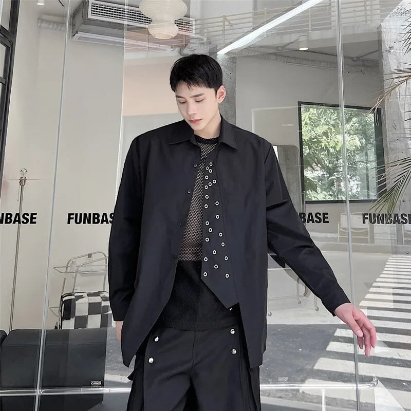 [OIMG] Dark irregular metal rivet tie decorative functional workwear men's asymmetrical placket shirt top