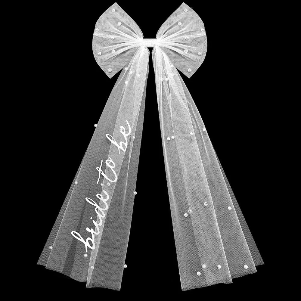 Minimalist Flower Bridal Veil Bow Pearl Marry Veil Bridal Headdress Ribbon Bride Head Gauze Women