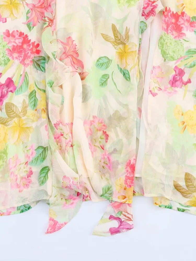 2025 Women Summer MIDI Tank Dress Fashion V-Neck Ruffles Hollow Out Chiffon Female Elegant Street Thin Dresses Clothing