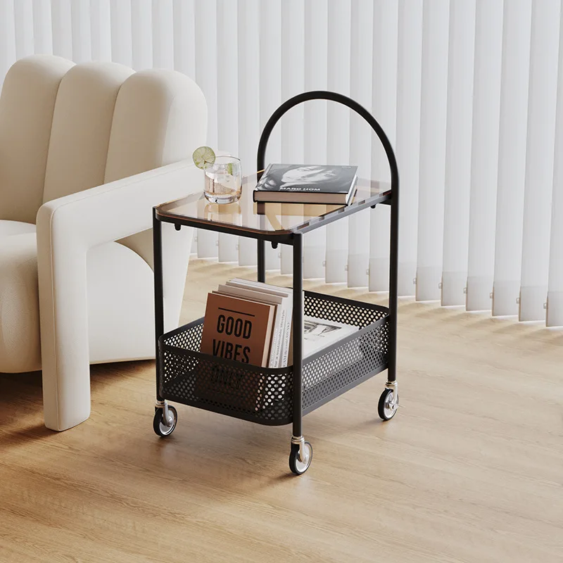 Movable double-layer living room sofa side table with wheels small coffee table