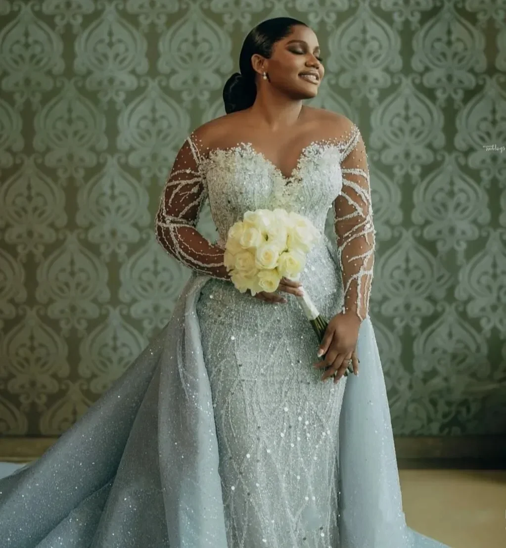 

Plus Size Aso Ebi Wedding Dress Bridal Gowns For Bride African Illusion Mermaid Long Sleeves Beaded Lace Detachable Train